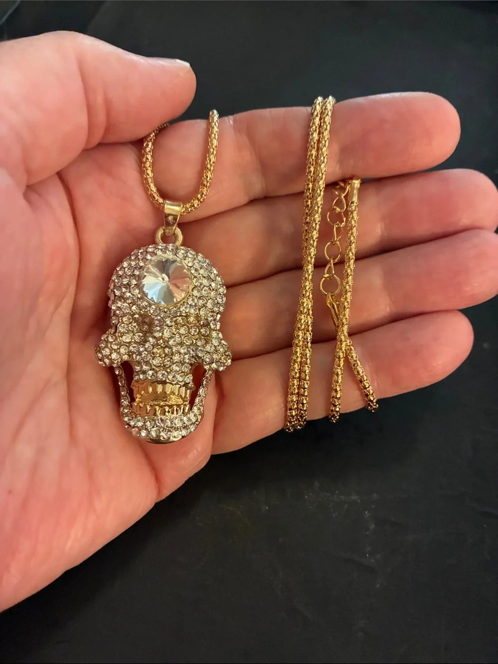 Crystal Gold Tone Skull Pendant Necklace